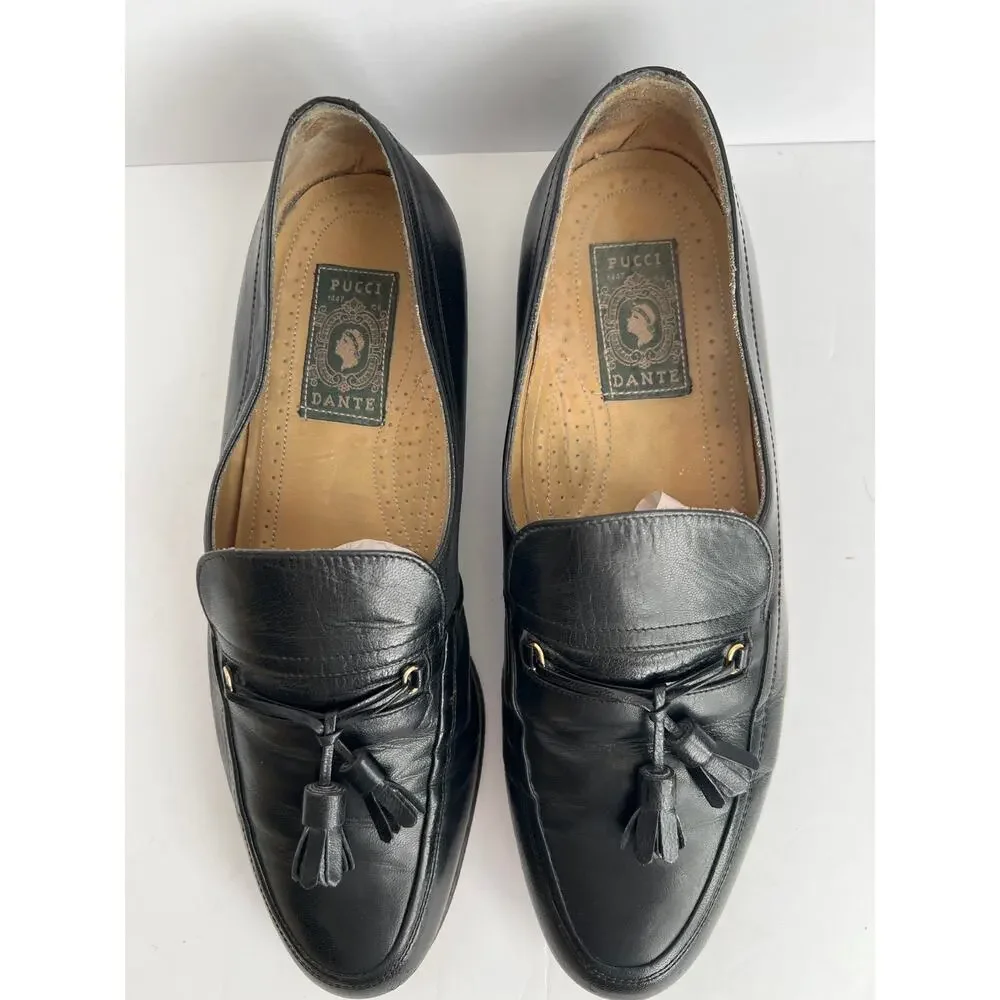Pucci Dante Black Leather Tassel Loafers Made in Italy Men Size 9.5 M Vintage